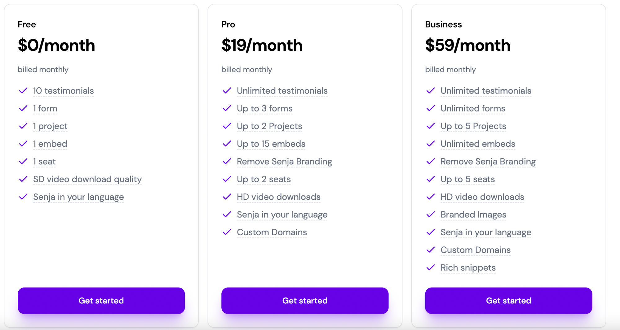 Senja pricing plans