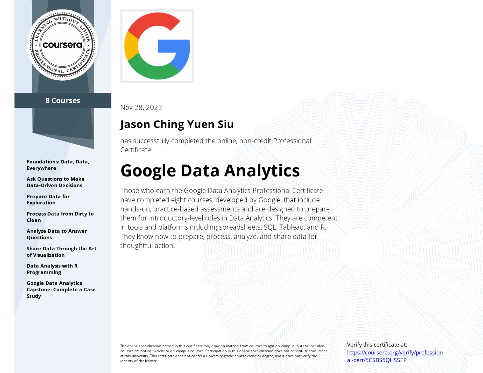 Google Data Analytics Professional Certiﬁcate