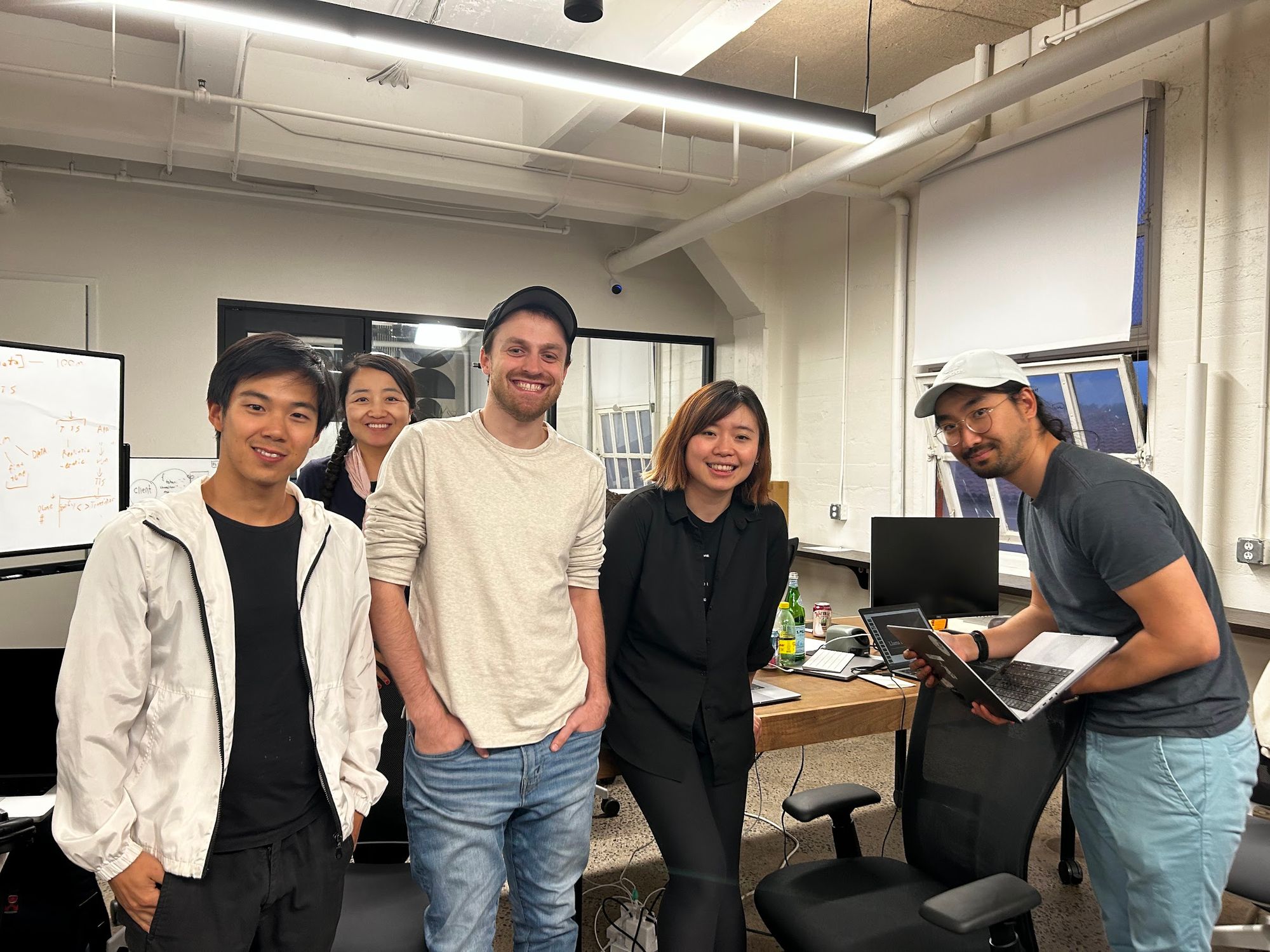 Our ‘llama love’ bot hackathon team: Rongfei, Lisa, Me (Chris), Era, and Jesse, pictured from left to right.