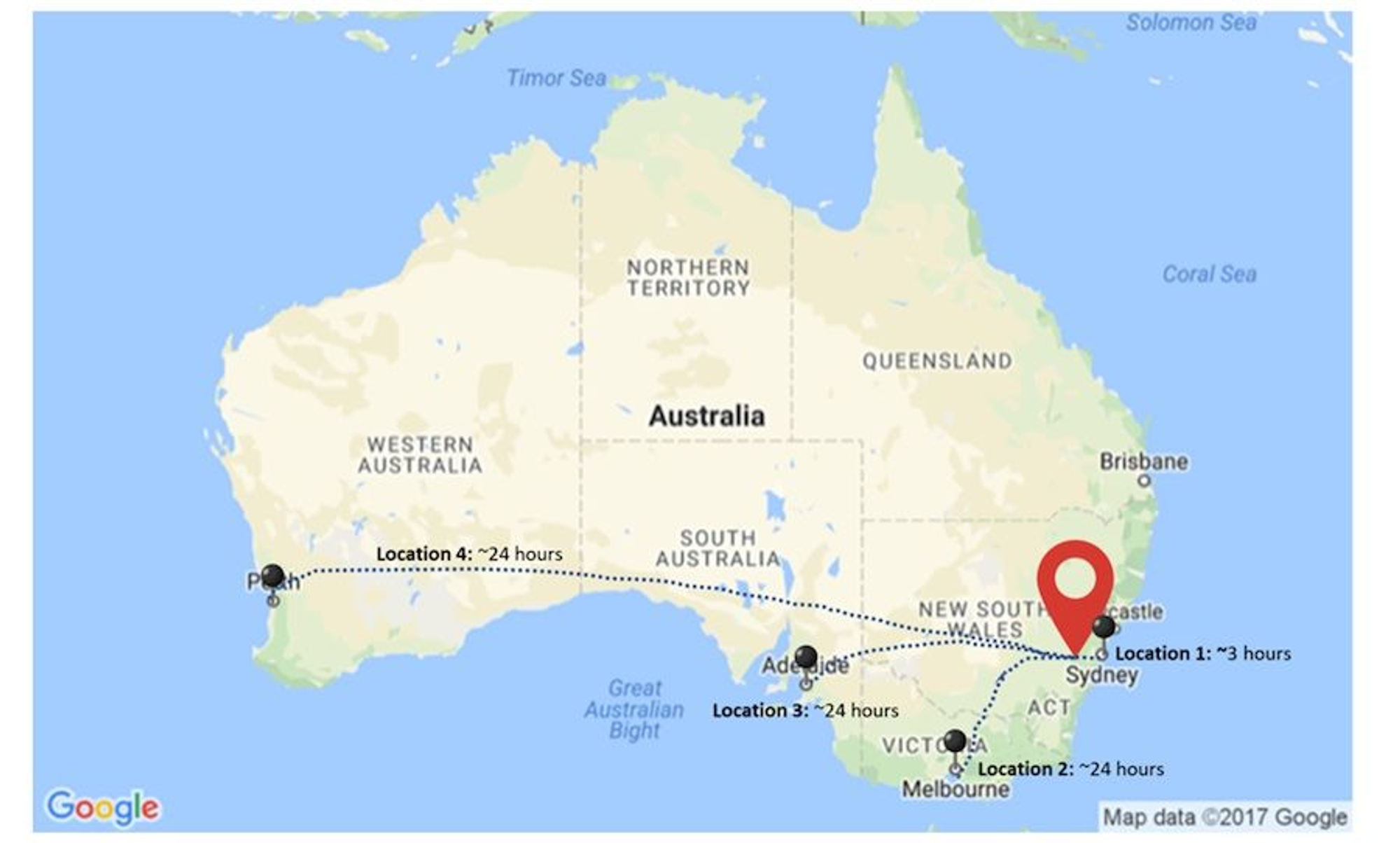 Figure 3. Shipment times of Pae7 to Phage Australia network. The red location pin shows the approximate location of Westmead Institute for Medical Research, NSW, where Pae7 was shipped from. The black location pins show the 4 locations that received Pae7; Location 1: The University of Sydney, NSW, Location 2: Monash University, VIC, Location 3: Flinders University, SA, Location 4: Telethon Kids Institute, WA.