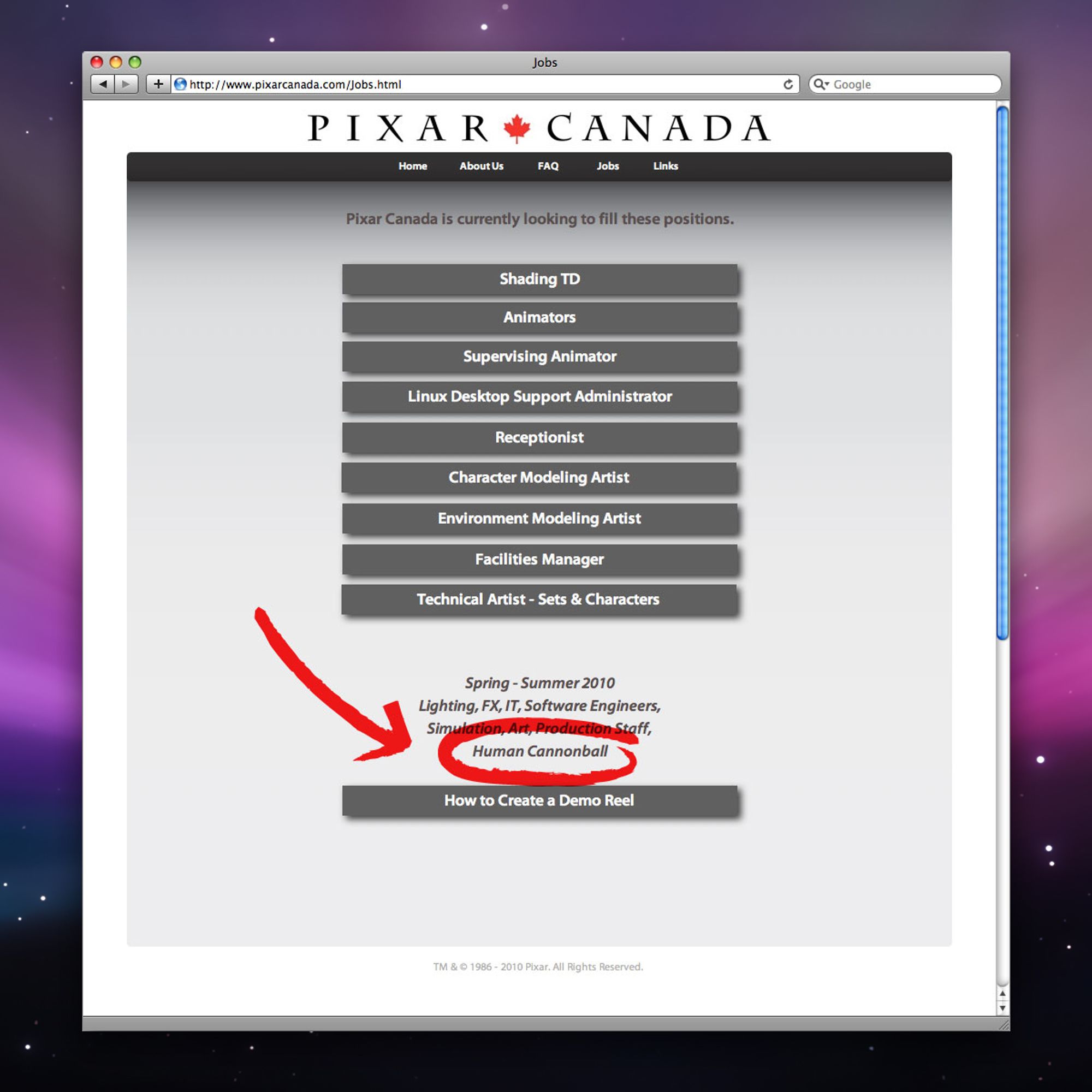 Screenshot of Pixar Canada's hiring page with “Human Cannonball” circled