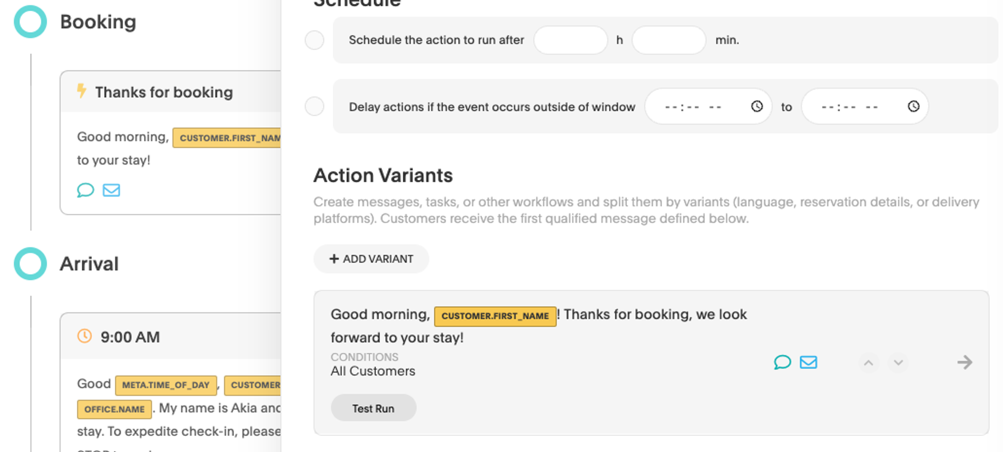 Clicking on any scheduled message will bring up the sidebar where you can test-run your action variant.