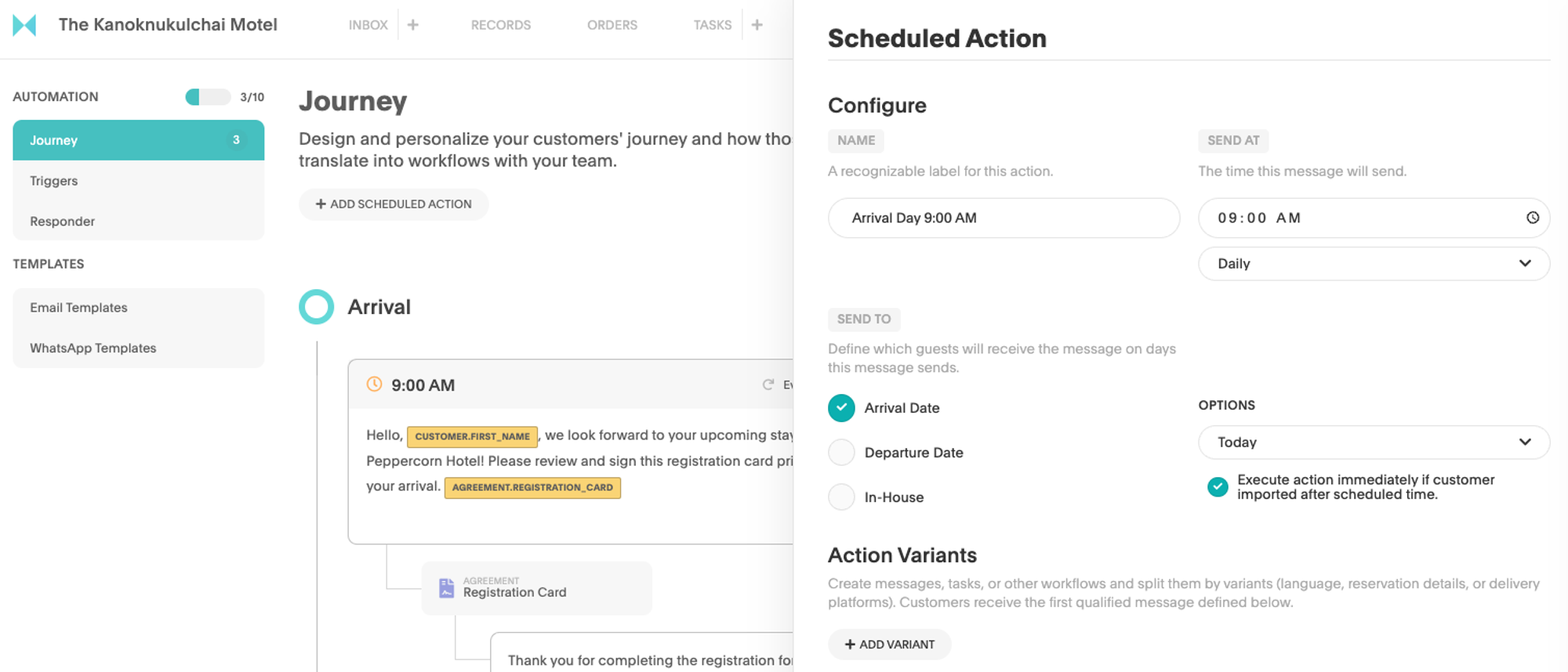 Clicking on a scheduled action will bring up the side panel where you can begin creating your action variants.