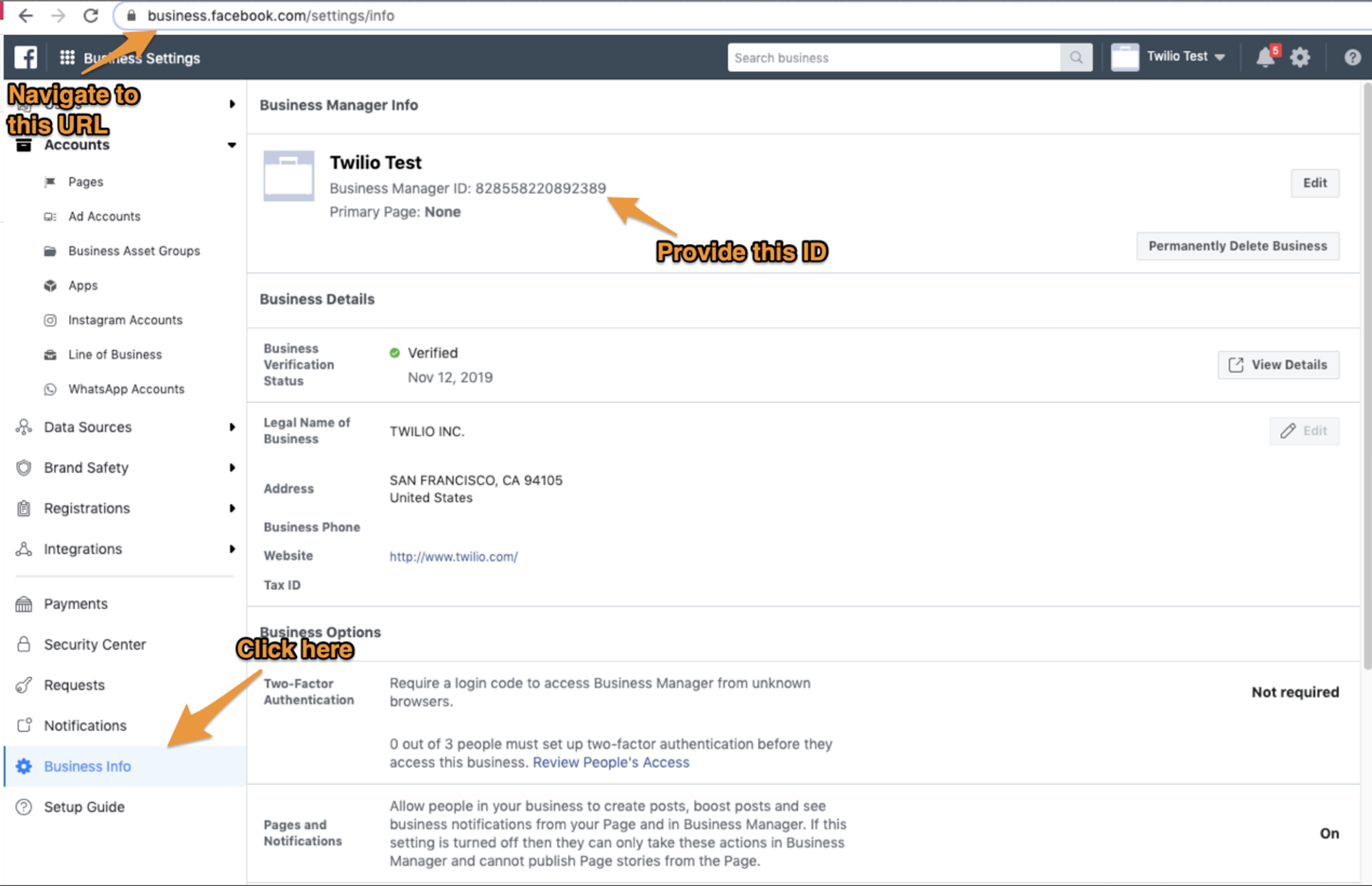 Locate your Business Manager ID and fill out Business Details.