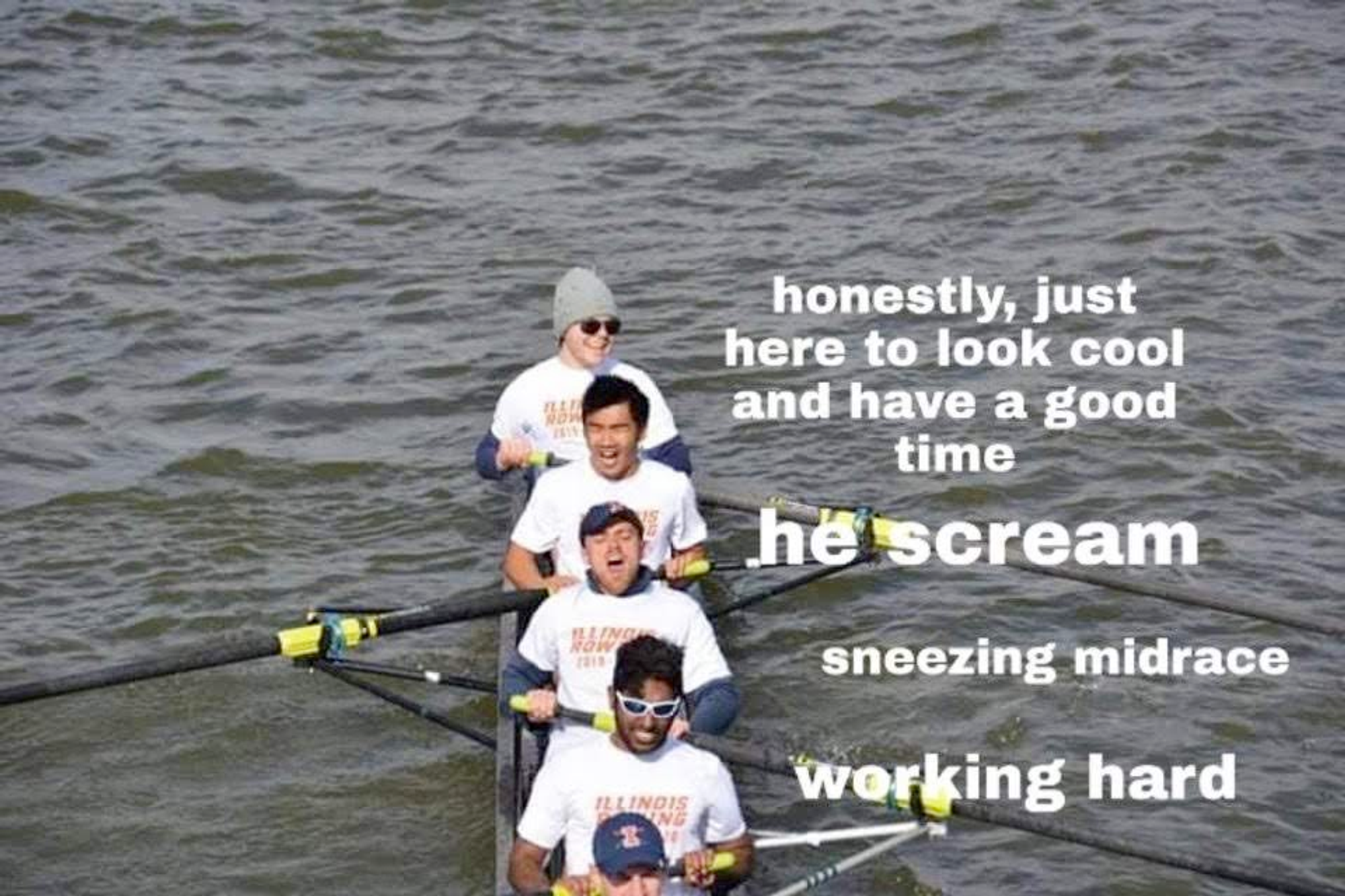 A fun pic someone snapped of us and annotated while we were rowing. If you can’t tell, I was the ‘sneezing midrace’ guy