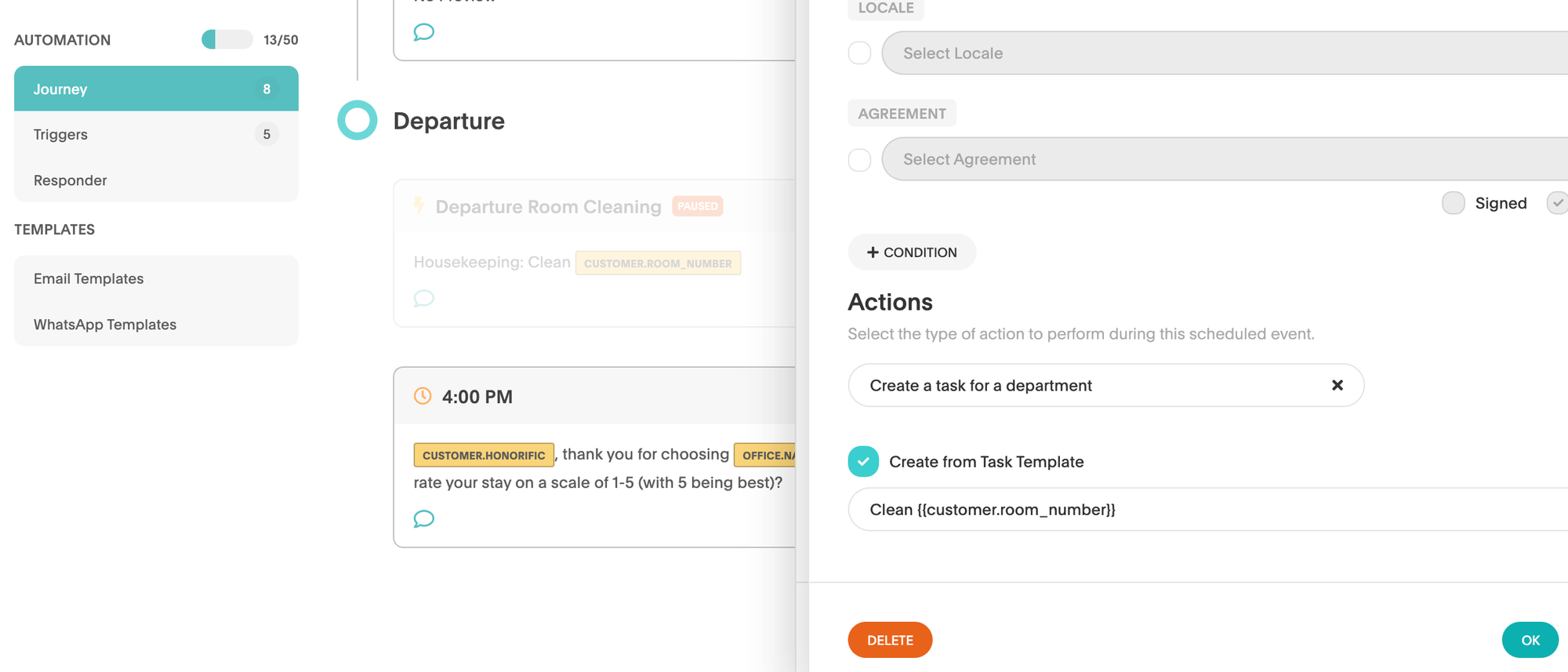 We have created a reservation trigger on a guest departure, and have added the Cleaning task template for housekeeping to reference.