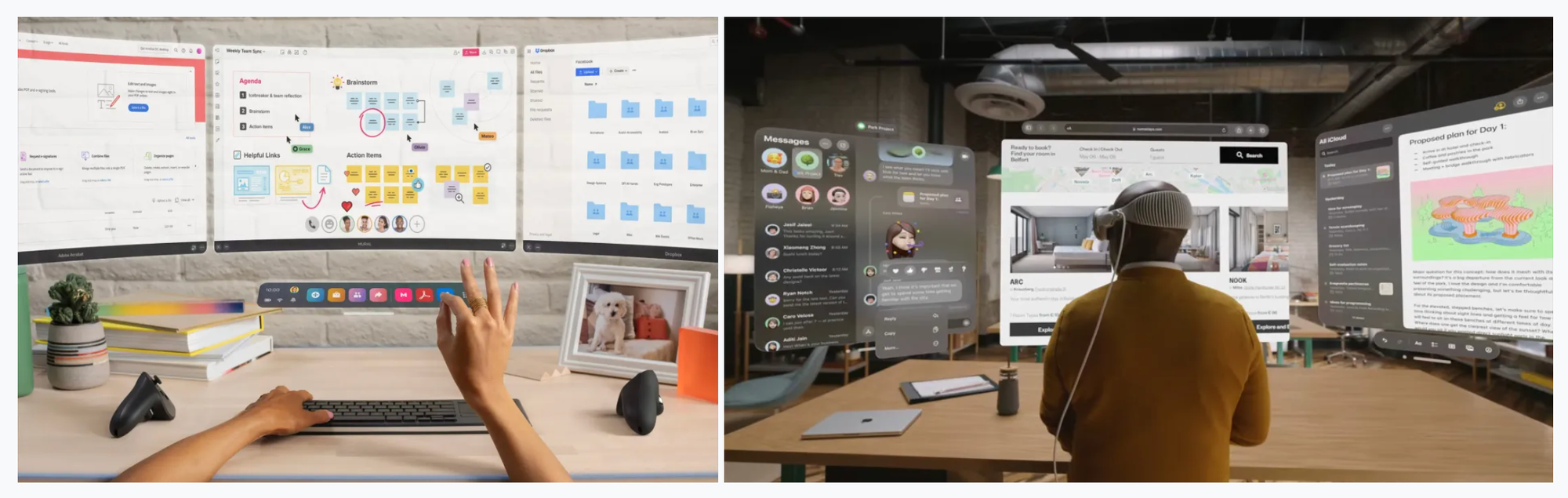 Meta Quest（左）和 Apple Vision Pro（右）多窗口办公场景展示