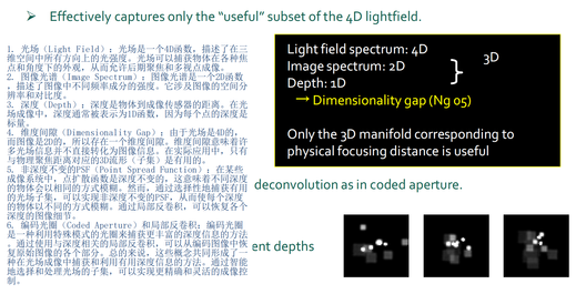 在光场（Light Field）成像中，所谓的4D指的是定义光场的四个维度。这四个维度通常可以表示为两个空间维度和两个角度维度：两个空间维度（x, y）和两个角度维度（θ, φ）这些维度描述了在给定点与成像平面相交的光线的方向。换句话说，它们描述了光线的倾斜角和方位角，从而在后期重新构造和聚焦图像。这是一些先进的相机系统（例如，Plenoptic相机）和虚拟现实渲染技术背后的关键原理。