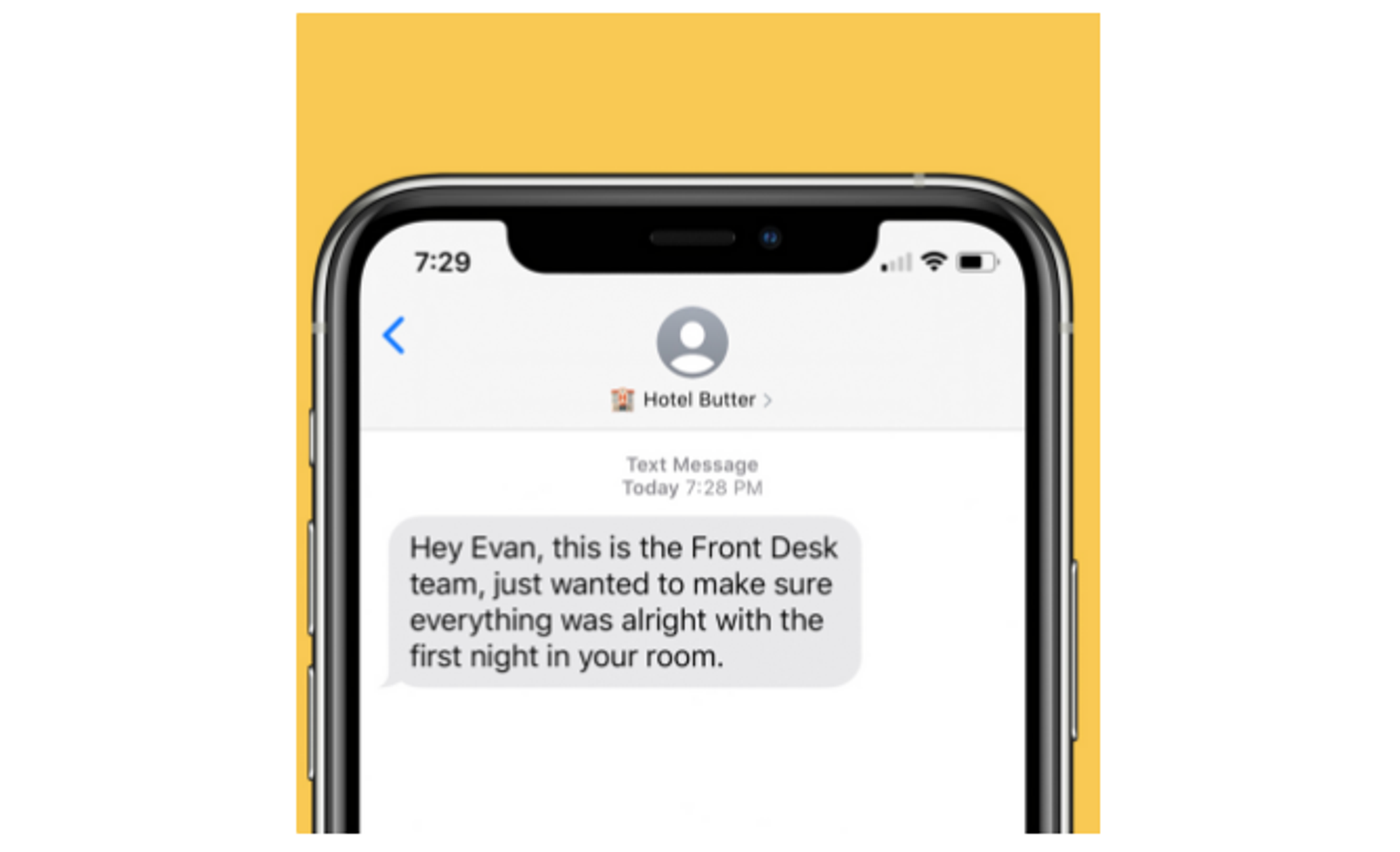 Example of how a scheduled message will appear to a guest.