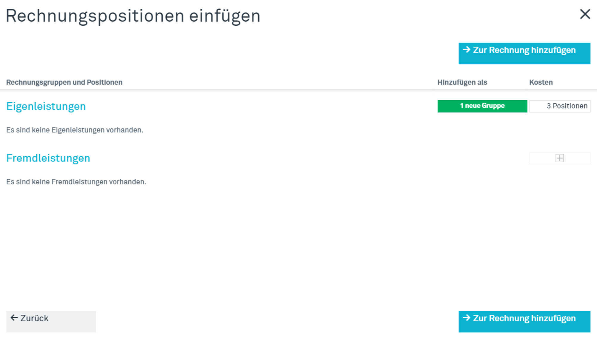 Hinzufügen der Positionen zur Rechnung