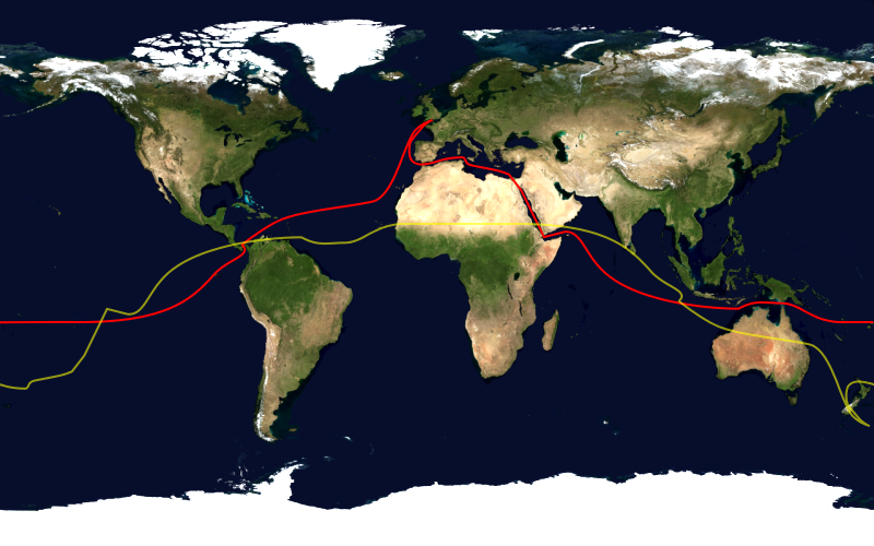 Маршрут типичного современного кругосветного путешествия, проходящий через Суэцкий канал и Панамский канал (красная линия) и противоположные ему точки на земном шаре (жёлтая линия)