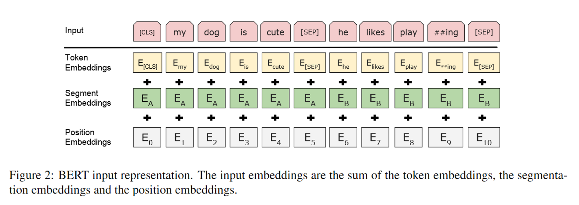 Not clear what segment embeddings are specifically - I'm guessing either this is the think that indicates which sentence a token belongs to, or just a coarser-grain of token embeddings.